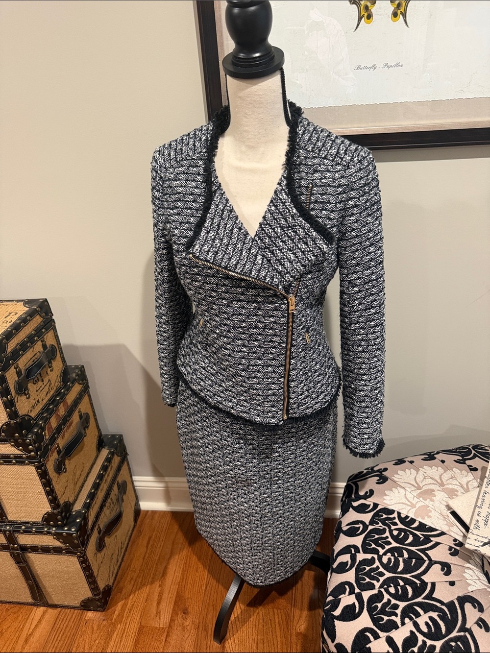 J. Crew Black and White Tweed Peplum Skirt Set with Gold Zip